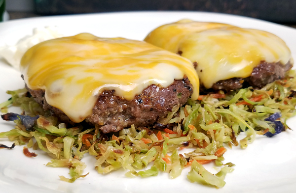 Easy Keto Dinners - Broccoli Slaw with Bunless Cheeseburgers