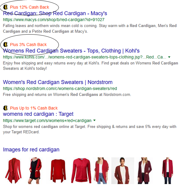Ebates Cashback Alert in Google Search Results